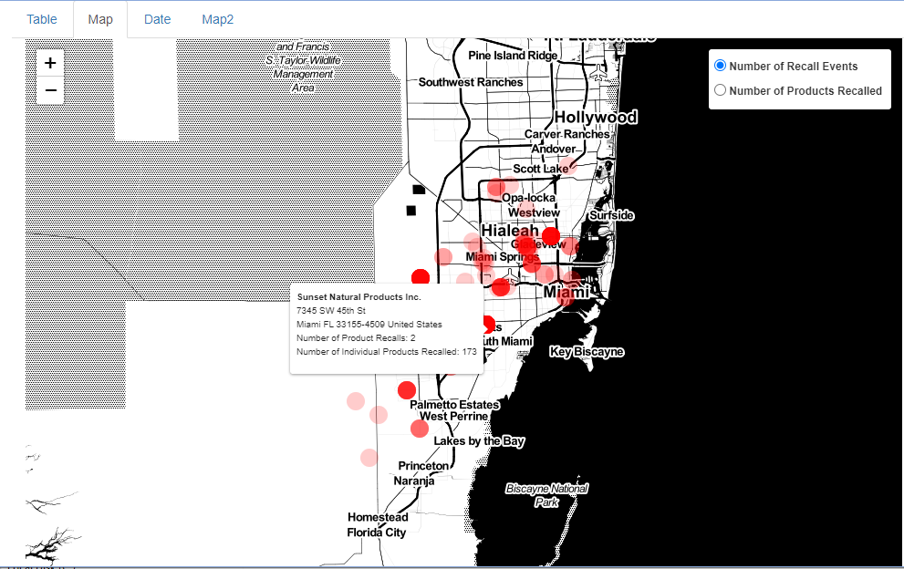 Map of Miami, Florida and all its food recalls in the FDA database*